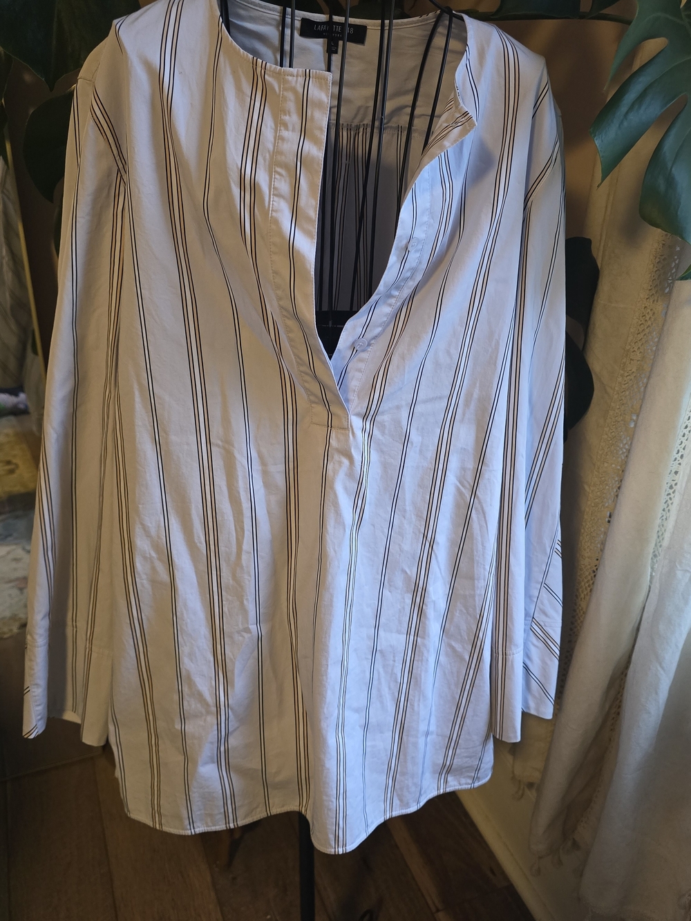 Lafayette 148 New York 100% Cotton Striped Split Neck Popover Tunic Top L